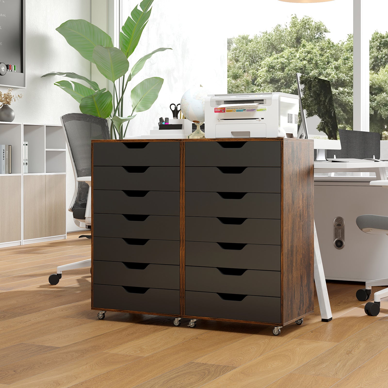 7-Drawer Mobile File Organizer Storage Cabinet with 4 Universal Casters, Rustic Brown Vertical Chest of Drawers on Wheels