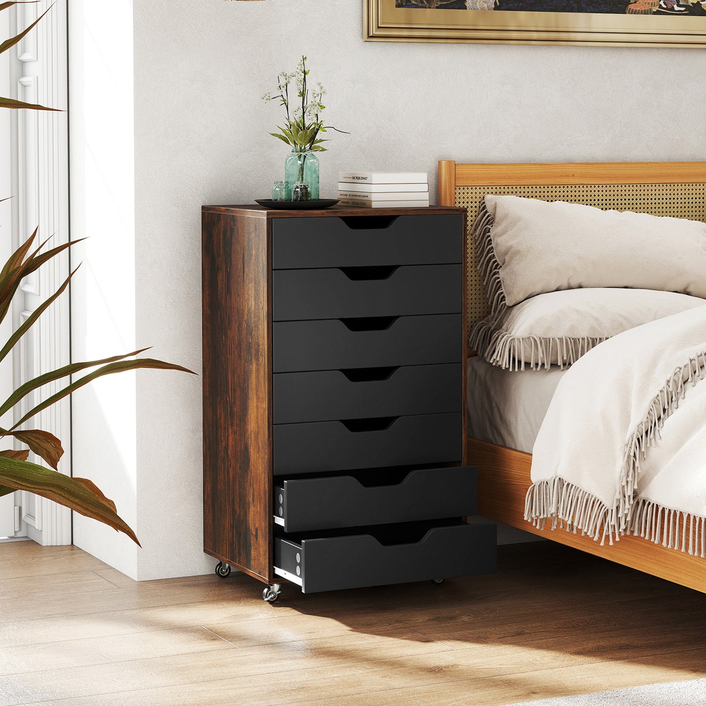 7-Drawer Mobile File Organizer Storage Cabinet with 4 Universal Casters, Rustic Brown Vertical Chest of Drawers on Wheels