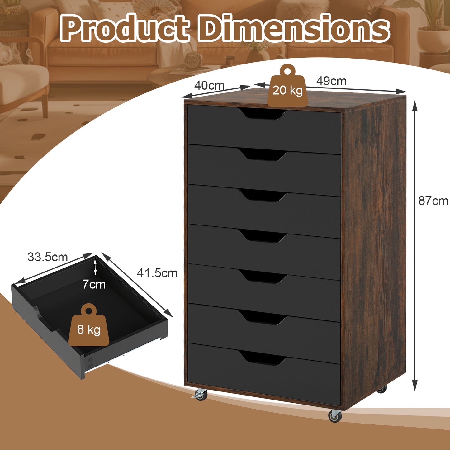 7-Drawer Mobile File Organizer Storage Cabinet with 4 Universal Casters, Rustic Brown Vertical Chest of Drawers on Wheels