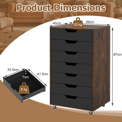 7-Drawer Mobile File Organizer Storage Cabinet with 4 Universal Casters, Rustic Brown Vertical Chest of Drawers on Wheels