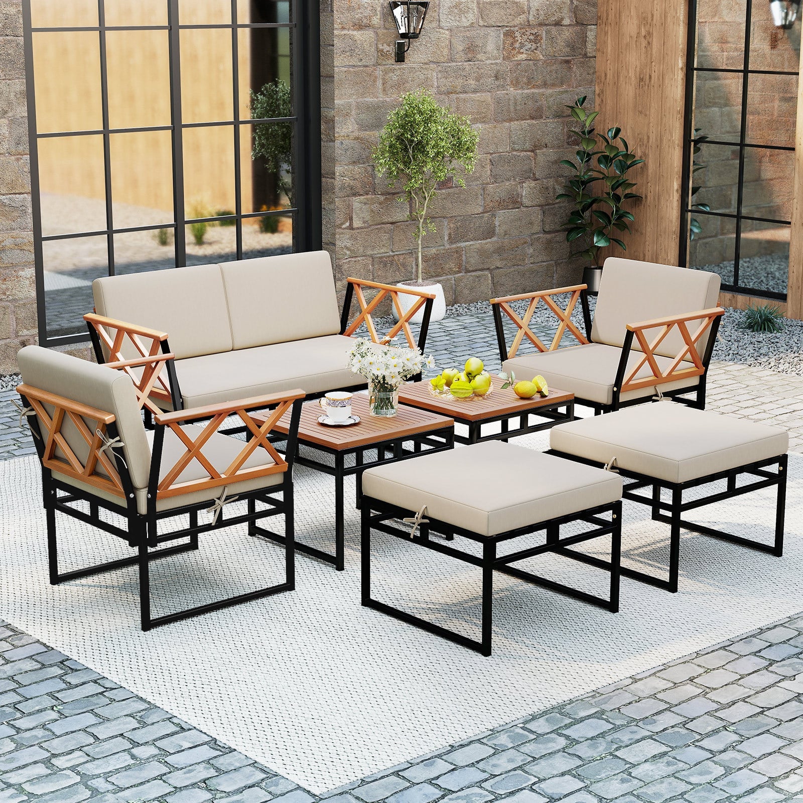 7 Piece Outdoor Conversation Set with Ottomans for Porch-Beige