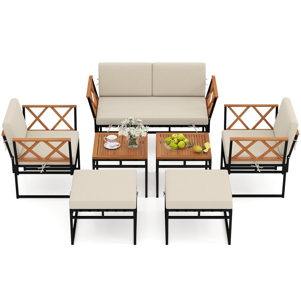 7 Piece Outdoor Conversation Set with Ottomans for Porch-Beige