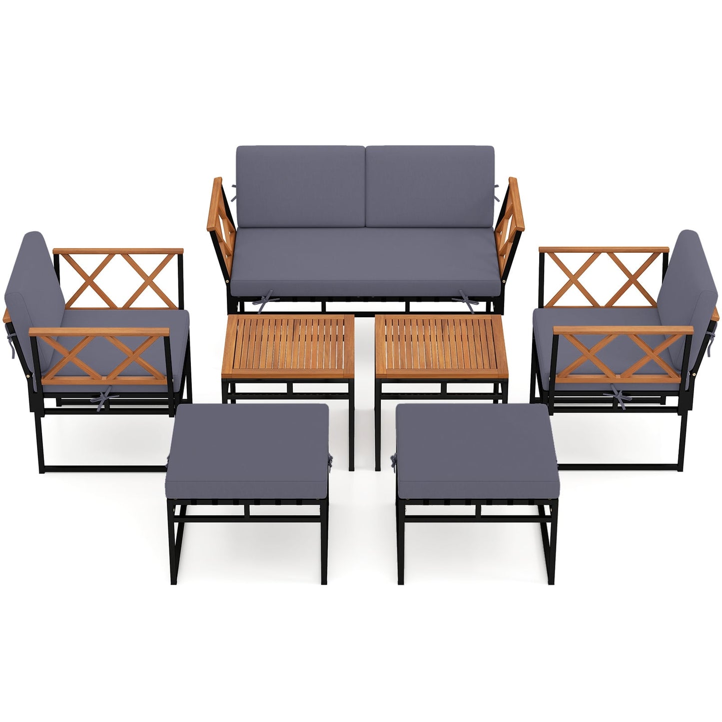 7 Piece Outdoor Conversation Set with Ottomans for Porch-Grey