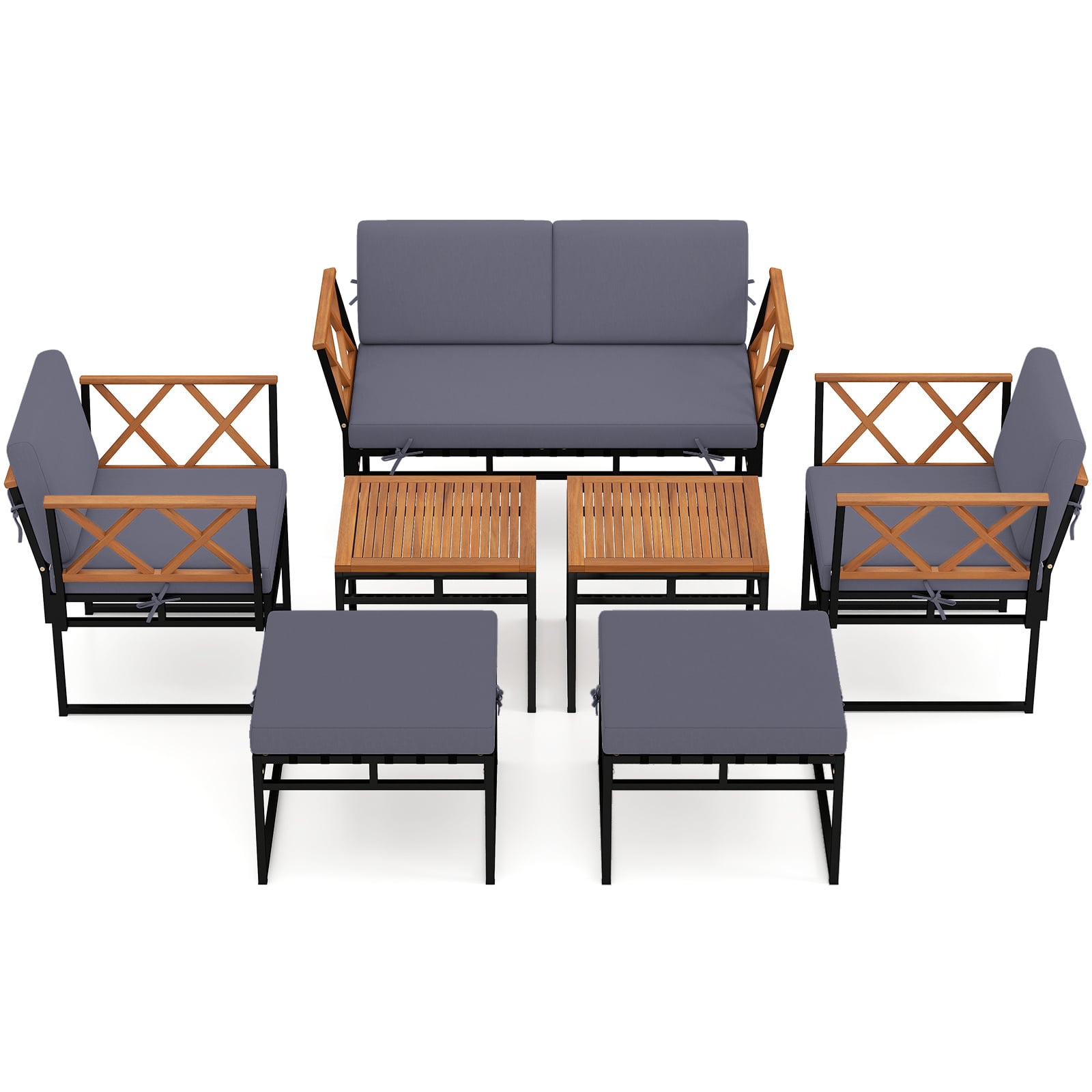 7 Piece Outdoor Conversation Set with Ottomans for Porch-Grey