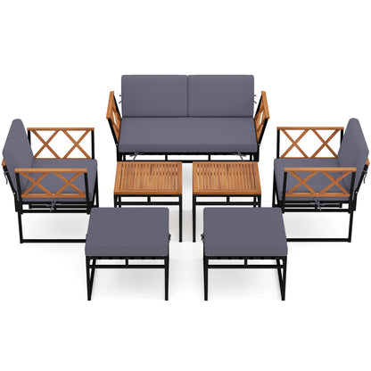 7 Piece Outdoor Conversation Set with Ottomans for Porch-Grey