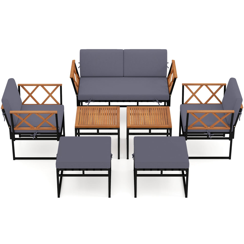 7 Piece Outdoor Conversation Set with Ottomans for Porch-Grey