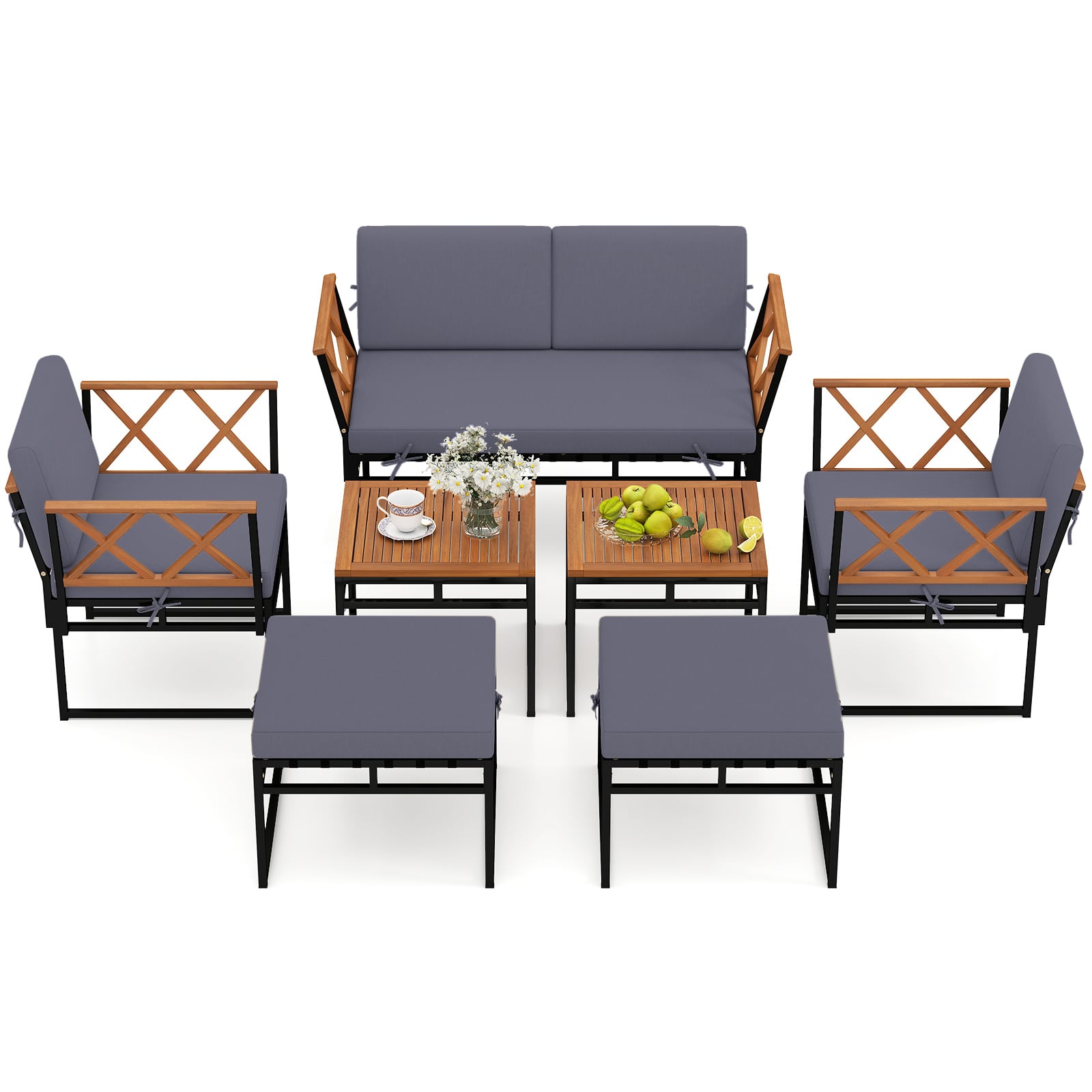 7 Piece Outdoor Conversation Set with Ottomans for Porch-Grey