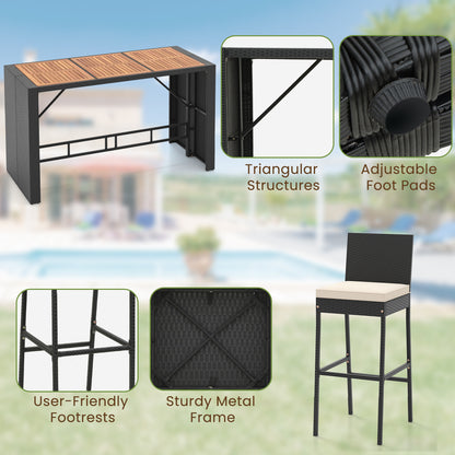 7-Piece Patio Bar Dining Set PE Rattan Furniture Set with Acacia Wood Tabletop and Soft Cushions-White