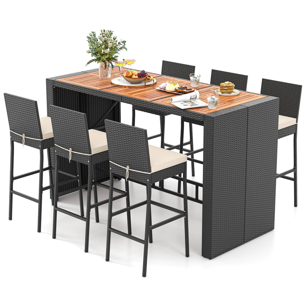 7-Piece Patio Bar Dining Set PE Rattan Furniture Set with Acacia Wood Tabletop and Soft Cushions-White