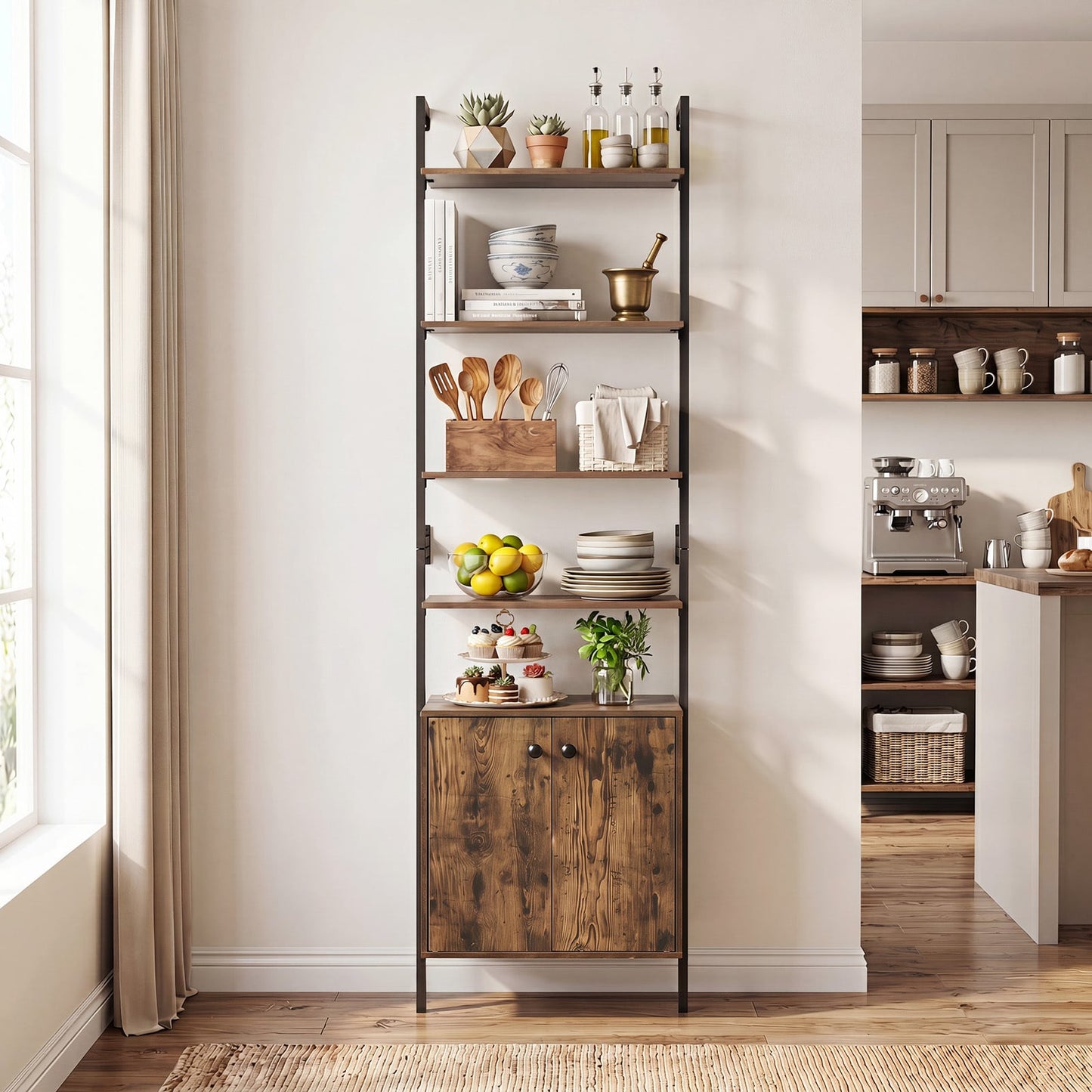 7-Tier Ladder Bookshelf with 2-Door Cabinet and 4 Shelves-Rustic Brown