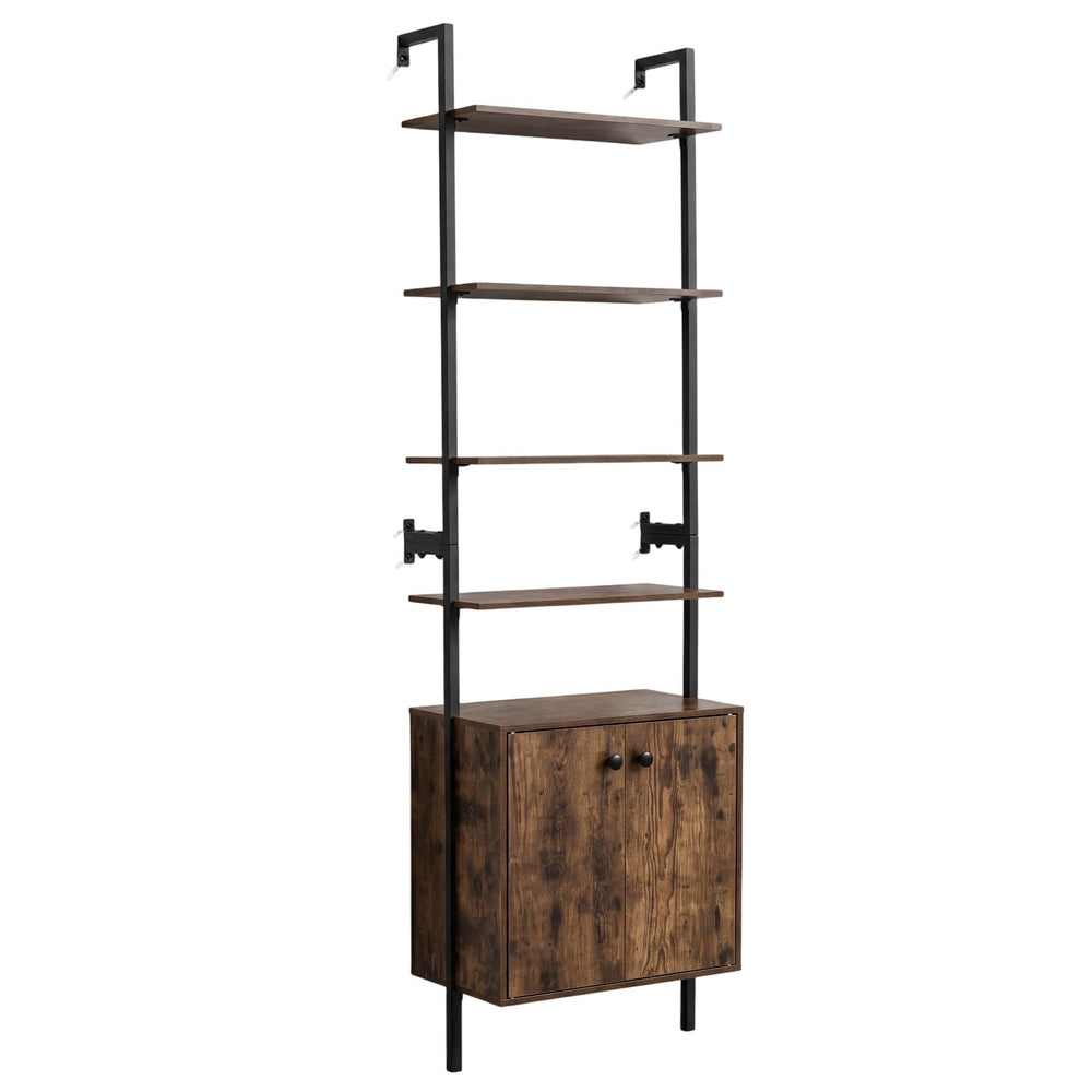 7-Tier Ladder Bookshelf with 2-Door Cabinet and 4 Shelves-Rustic Brown