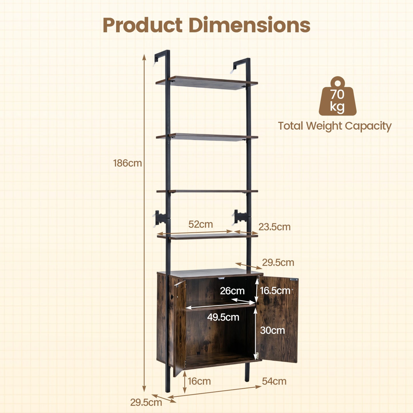 7-Tier Ladder Bookshelf with 2-Door Cabinet and 4 Shelves-Rustic Brown