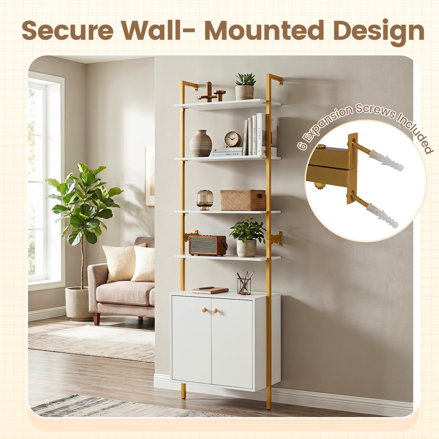 7-Tier Ladder Bookshelf with 2-Door Cabinet and 4 Shelves-White