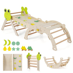 7-in-1 Triangle Set for Kids Frog Climbing Frame with Ramp and Foldable Triangle-Natural