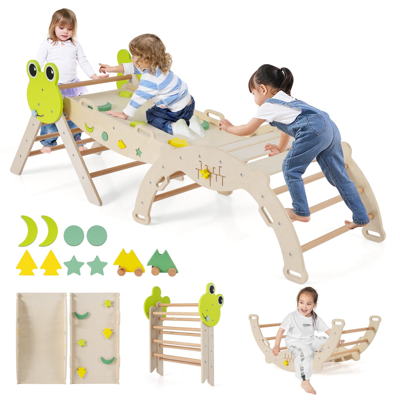 7-in-1 Triangle Set for Kids Frog Climbing Frame with Ramp and Foldable Triangle-Natural