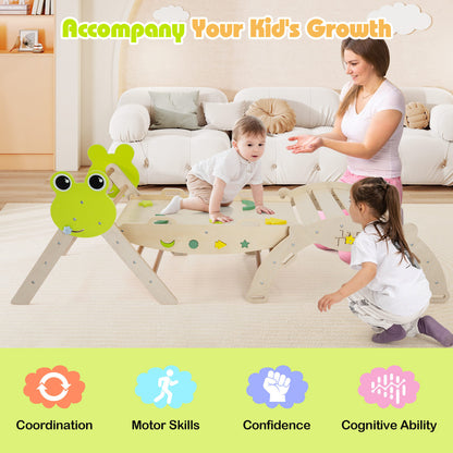 7-in-1 Triangle Set for Kids Frog Climbing Frame with Ramp and Foldable Triangle-Natural