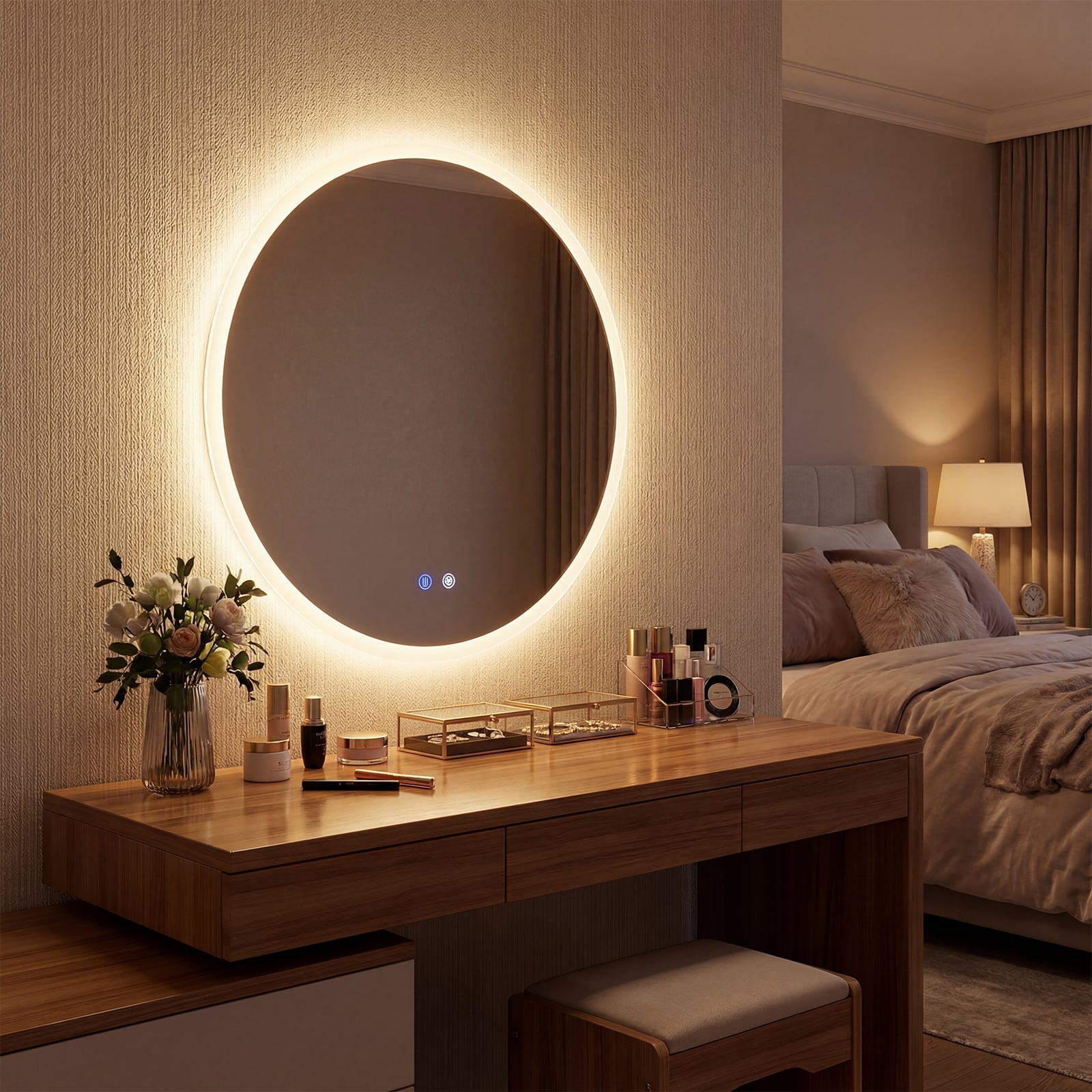 70 CM Round LED Bathroom Mirror Wall-mounted Backlit Vanity Makeup Mirror with 3 Light Colors