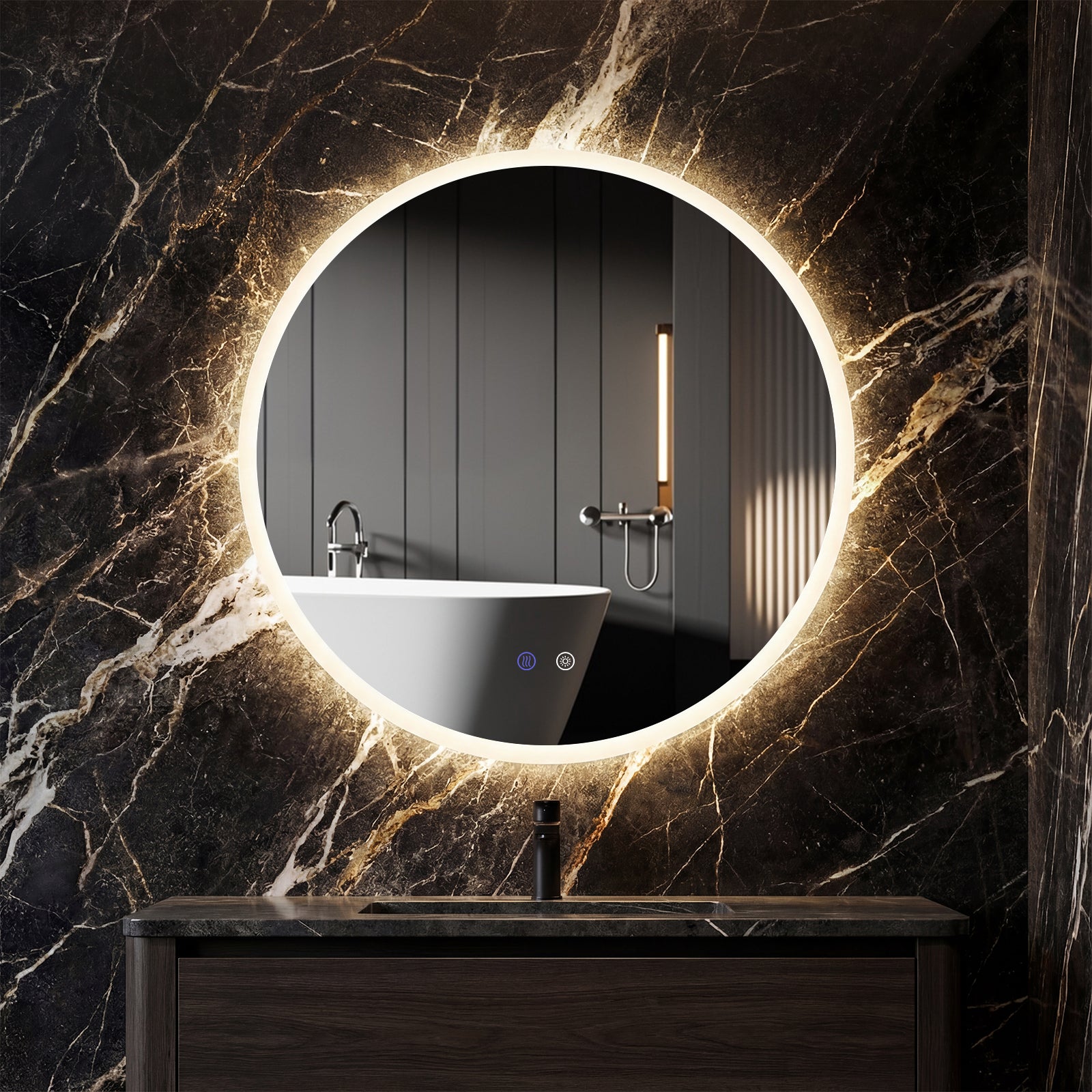 70 CM Round LED Bathroom Mirror Wall-mounted Backlit Vanity Makeup Mirror with 3 Light Colors