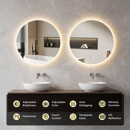 70 CM Round LED Bathroom Mirror Wall-mounted Backlit Vanity Makeup Mirror with 3 Light Colors