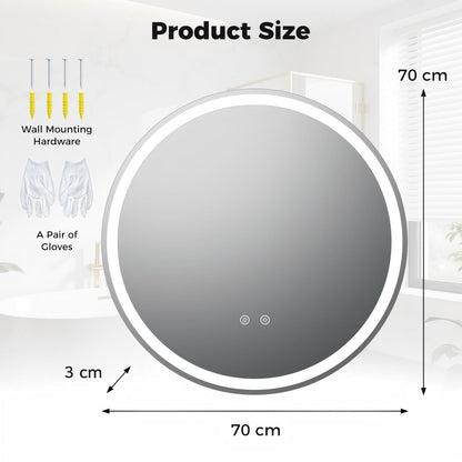 70 CM Round LED Lighted Mirror Wall Mounted with 2 lighting Sources