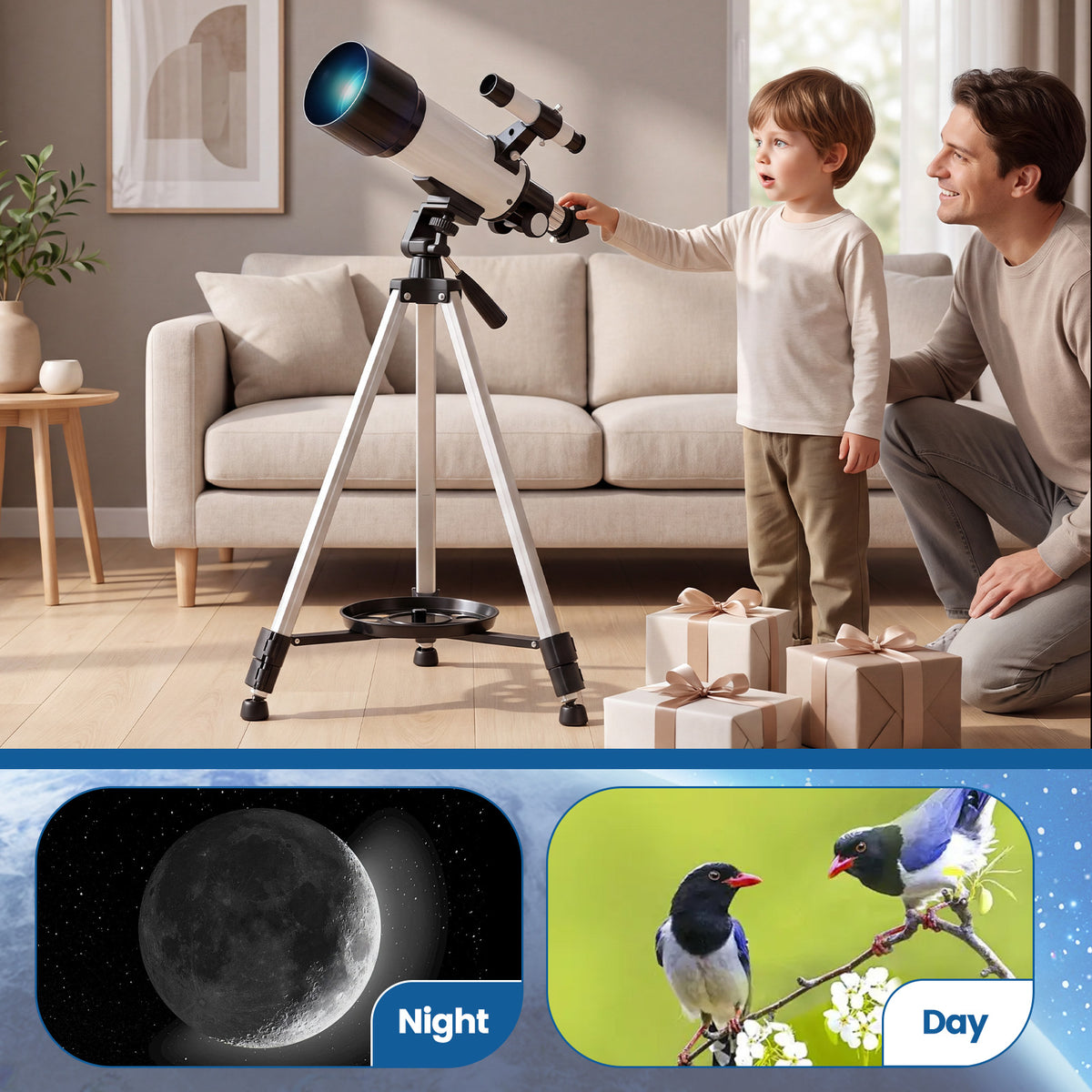 70 mm Refractor Telescope with 2 Eyepieces Adjustable Tripod Phone Mount and Carry Bag-White