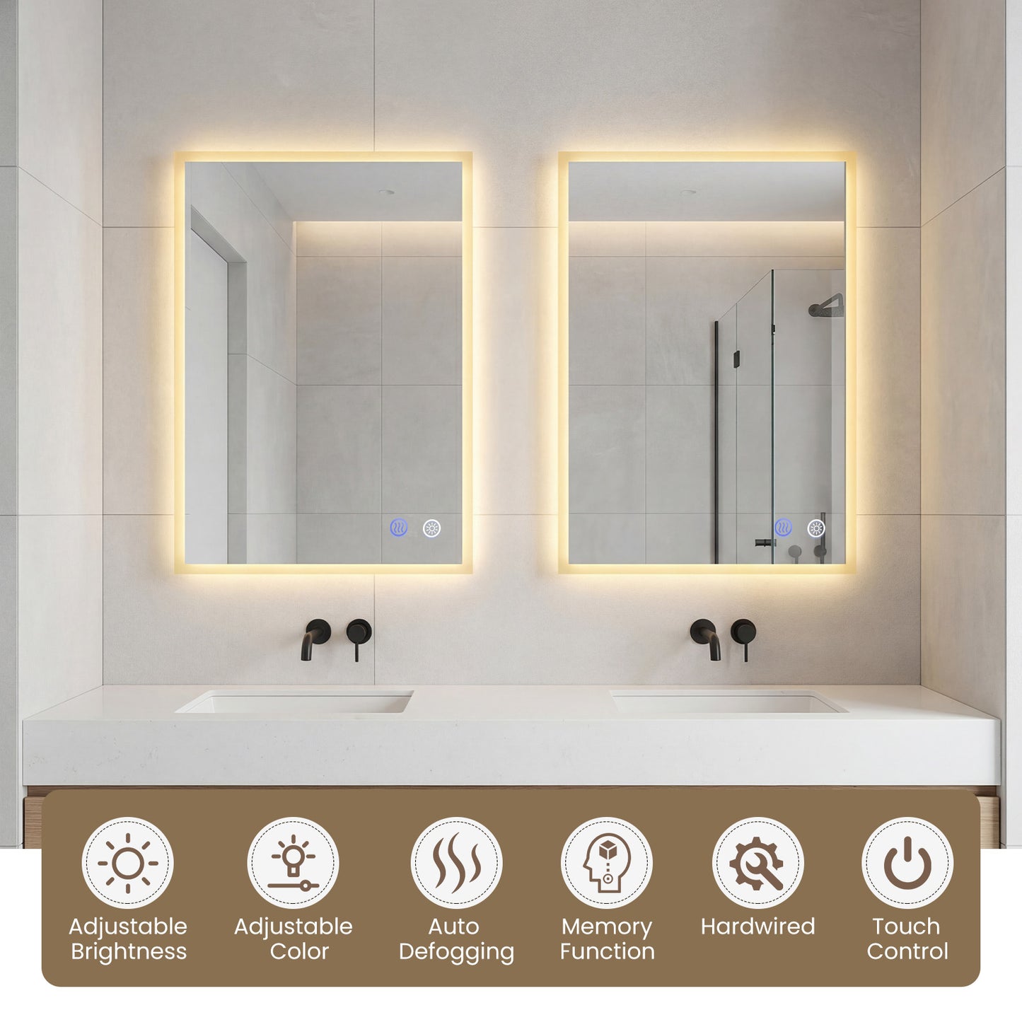 70 x 50 CM LED Bathroom Mirror with Anti-fog and Memory