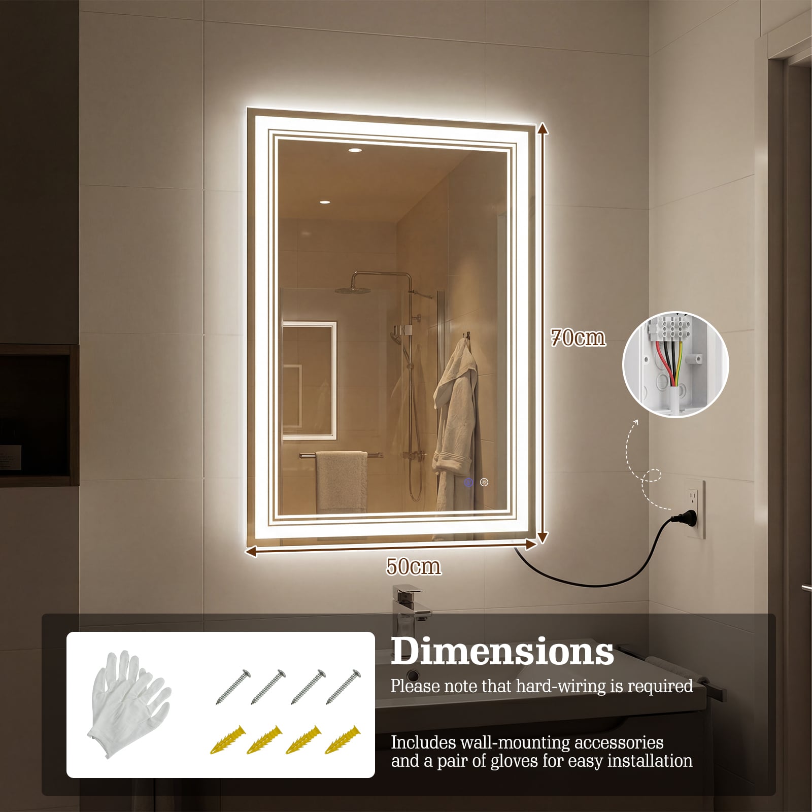 70 x 50 CM LED Rectangular Wall Bathroom Mirror with Anti-fog