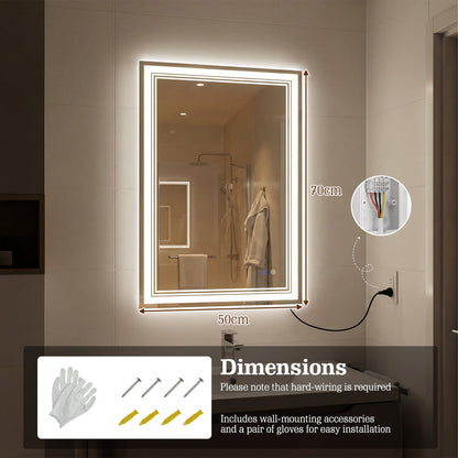 70 x 50 CM LED Rectangular Wall Bathroom Mirror with Anti-fog