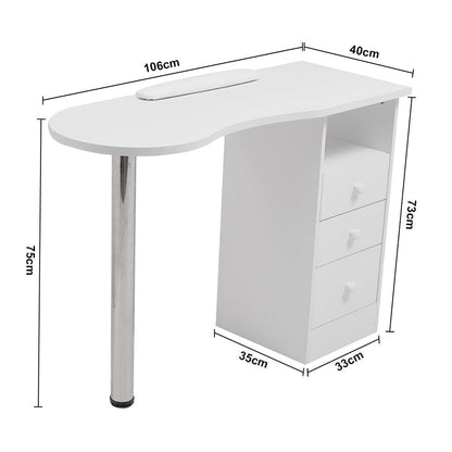 طاولة مانيكير بيضاء بثلاثة أدراج مقاس 106 سم مع ساق معدنية