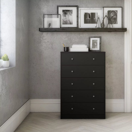May Chest of 5 Drawers in White - White-Black-Oak