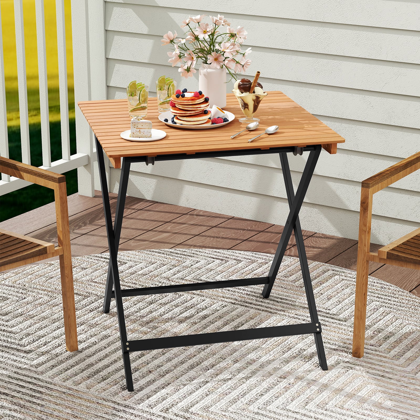 70CM Patio Folding Table with Slatted Tabletop for Backyard