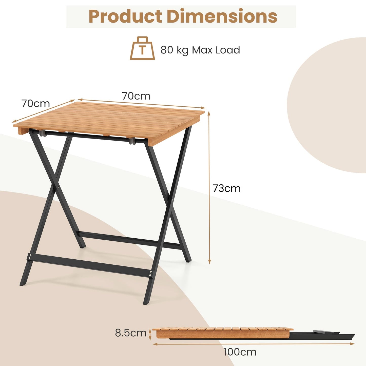 70CM Patio Folding Table with Slatted Tabletop for Backyard
