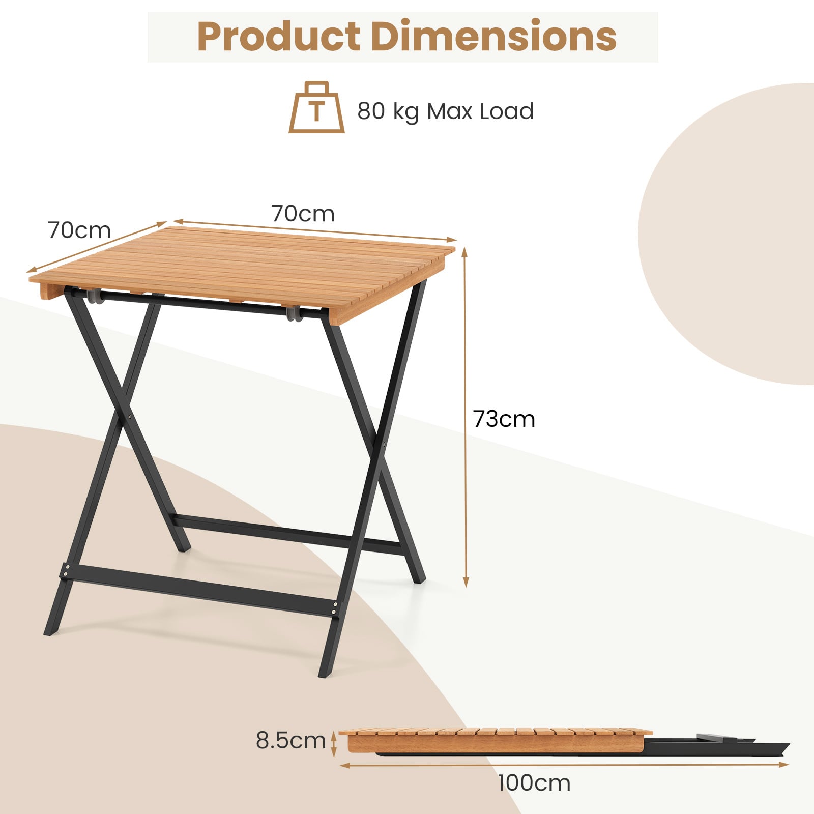 70CM Patio Folding Table with Slatted Tabletop for Backyard