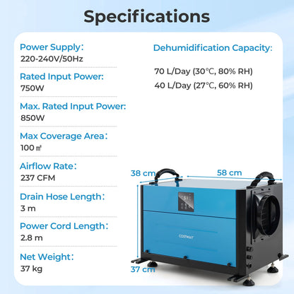 50/70L/Day Industrial Dehumidifier with Pump and Drain Hose-Blue-70L