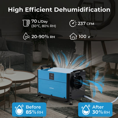 50/70L/Day Industrial Dehumidifier with Pump and Drain Hose-Blue-70L