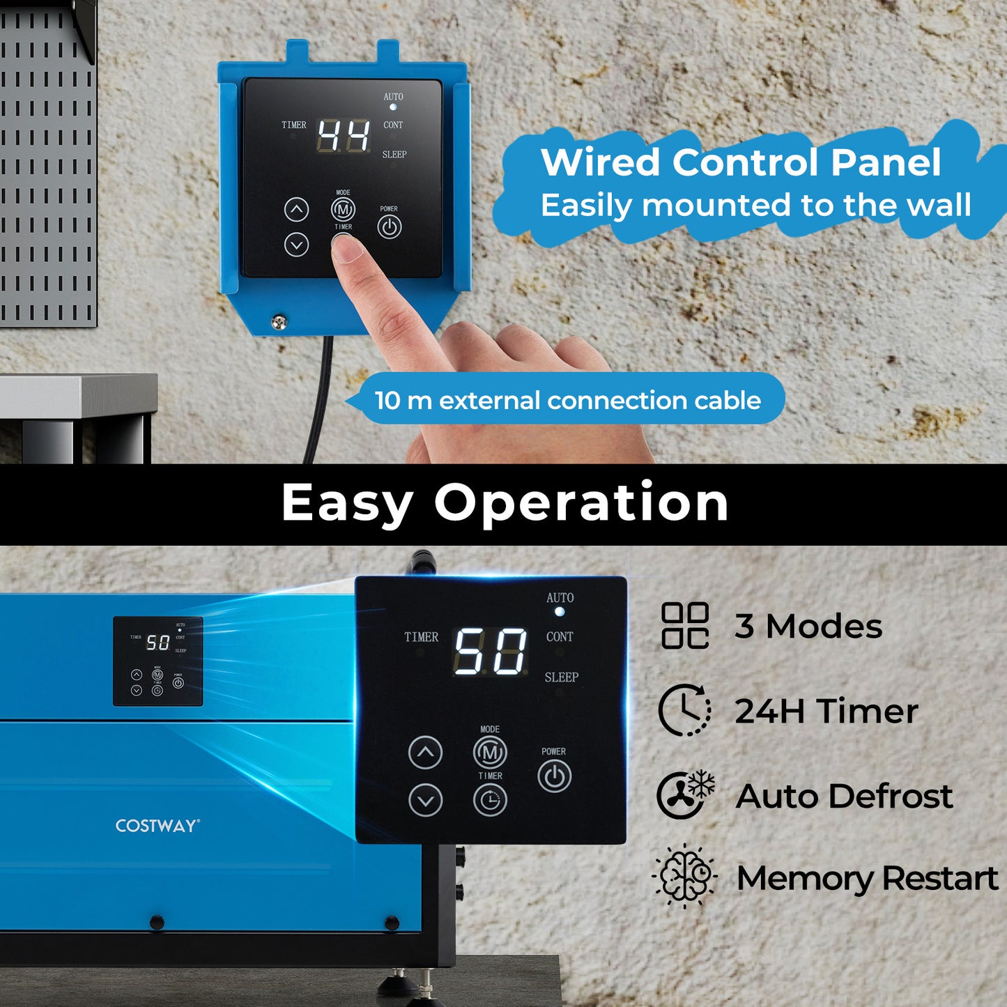50/70L/Day Industrial Dehumidifier with Pump and Drain Hose-Blue-70L