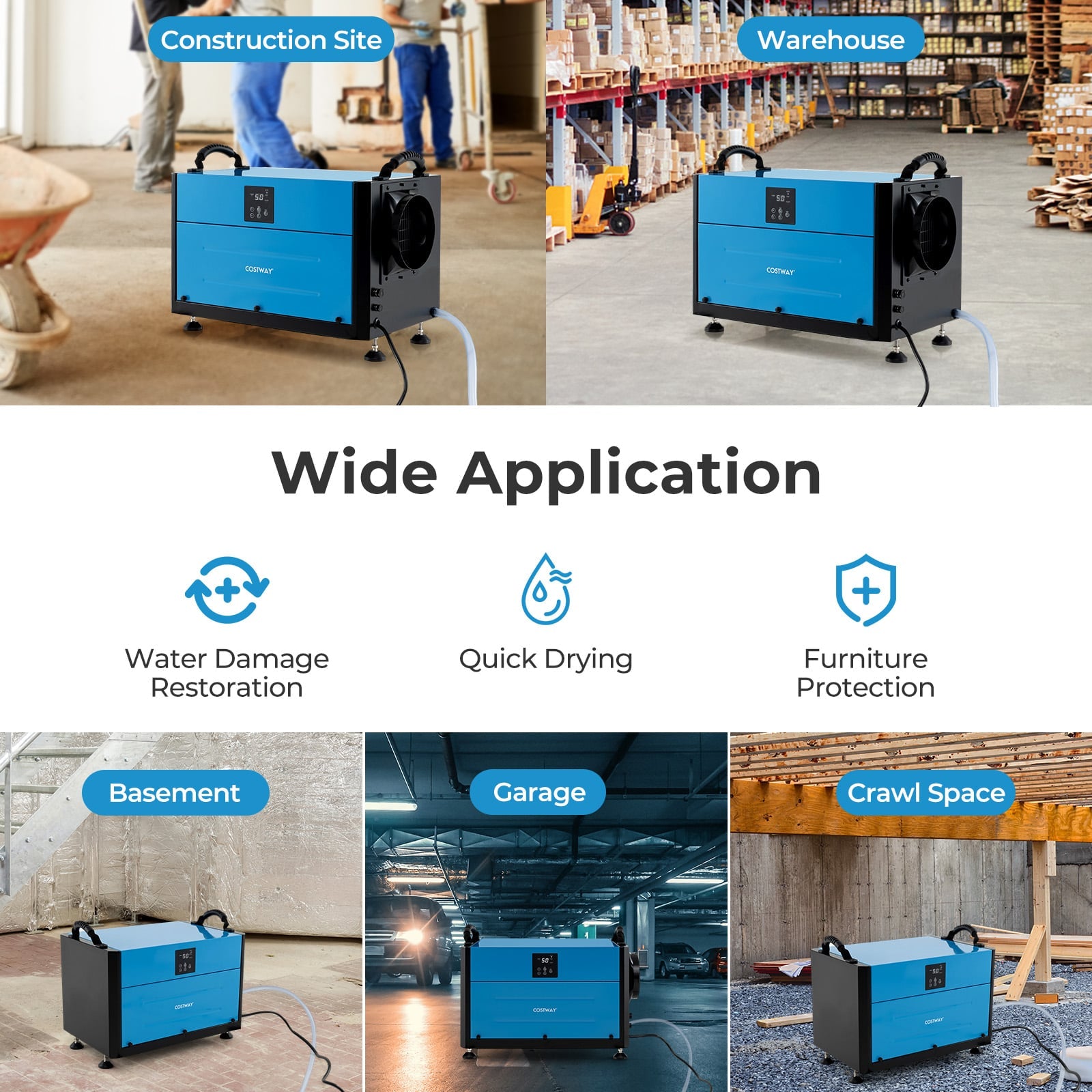 50/70L/Day Industrial Dehumidifier with Pump and Drain Hose-Blue-70L