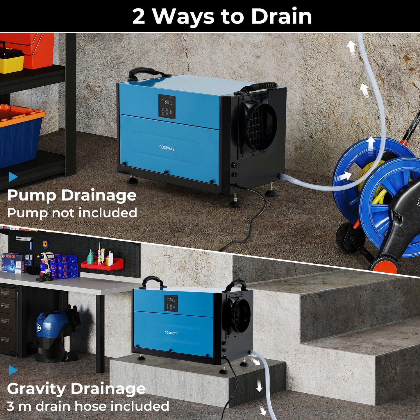 50/70L/Day Industrial Dehumidifier with Pump and Drain Hose-Blue-70L