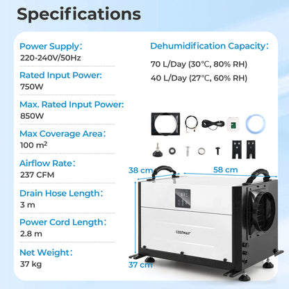 50/70L/Day Industrial Dehumidifier with Pump and Drain Hose-White-70L