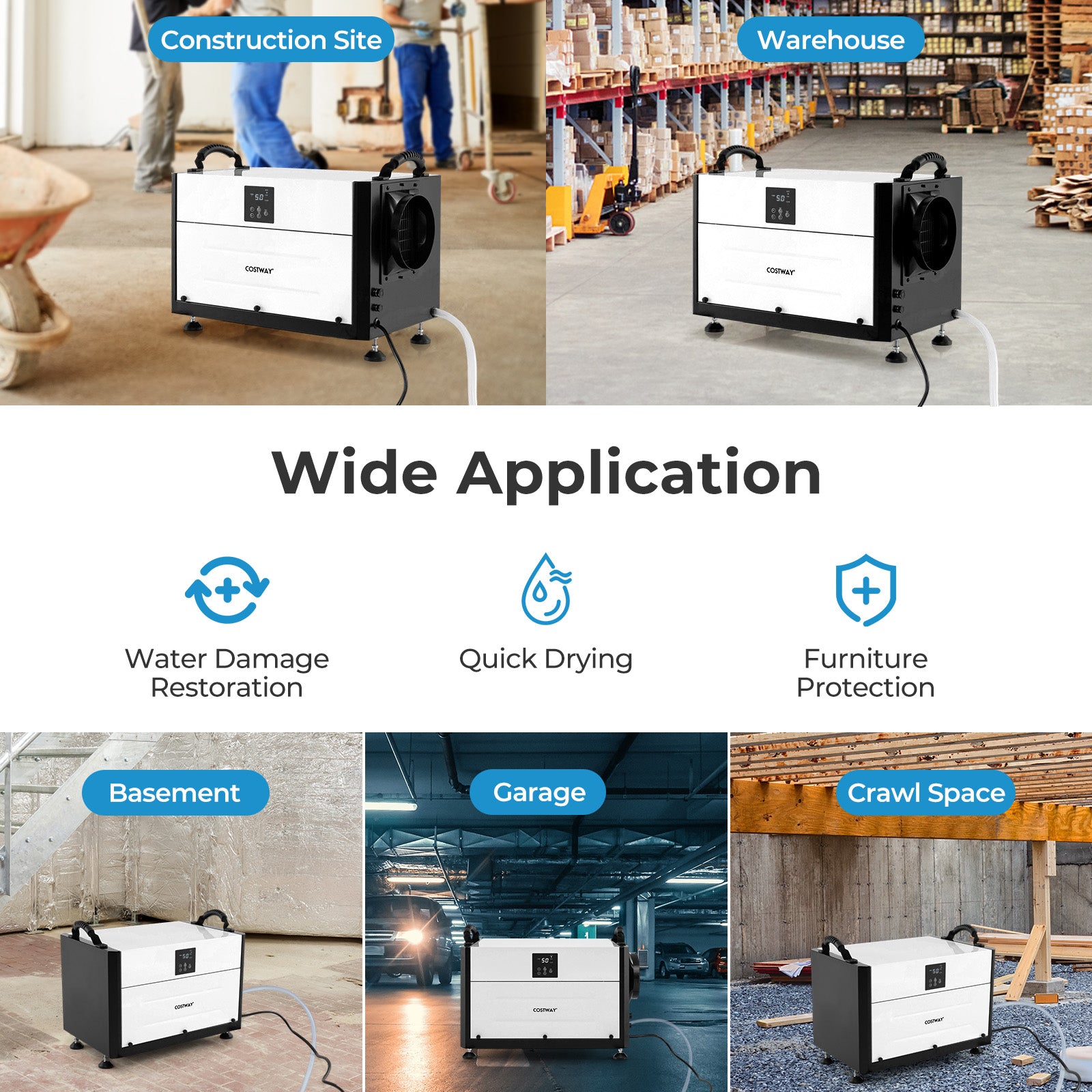 50/70L/Day Industrial Dehumidifier with Pump and Drain Hose-White-70L