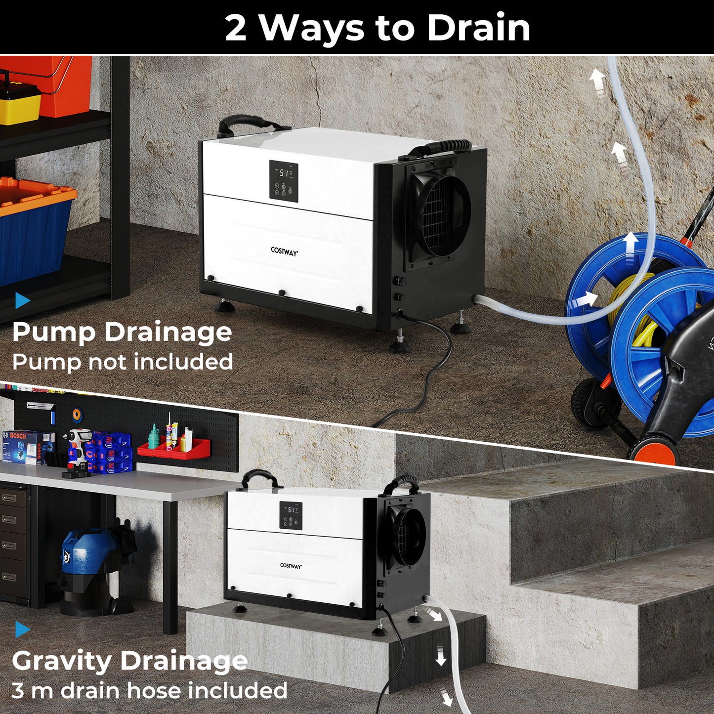 50/70L/Day Industrial Dehumidifier with Pump and Drain Hose-White-70L