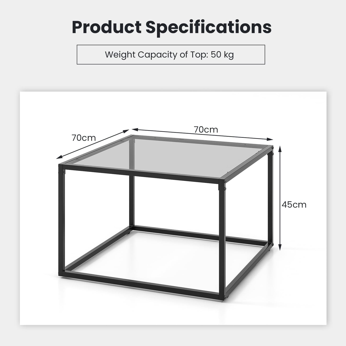 70 CM Modern Square Coffee Table with Metal Frame-Grey