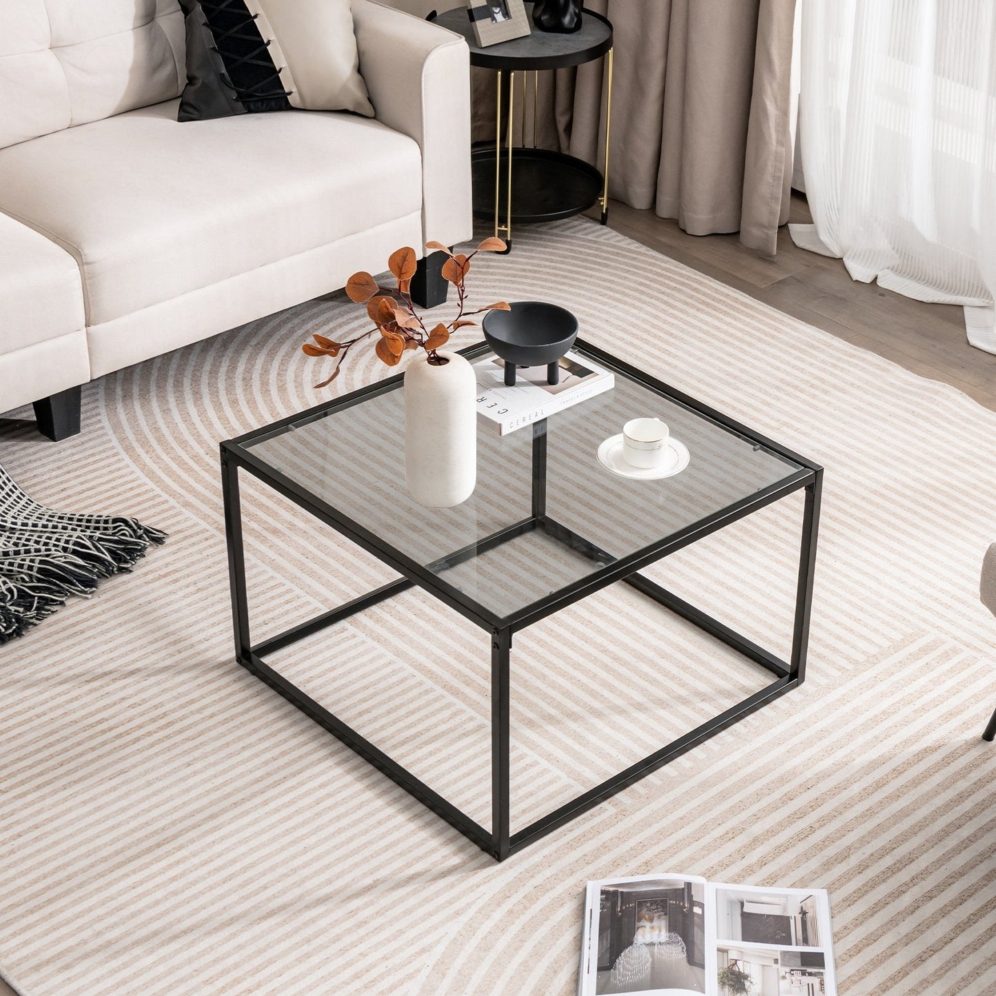 70 CM Modern Square Coffee Table with Metal Frame-Grey