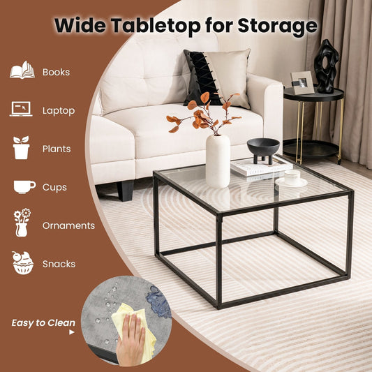 70 CM Modern Square Coffee Table with Metal Frame-Transparent