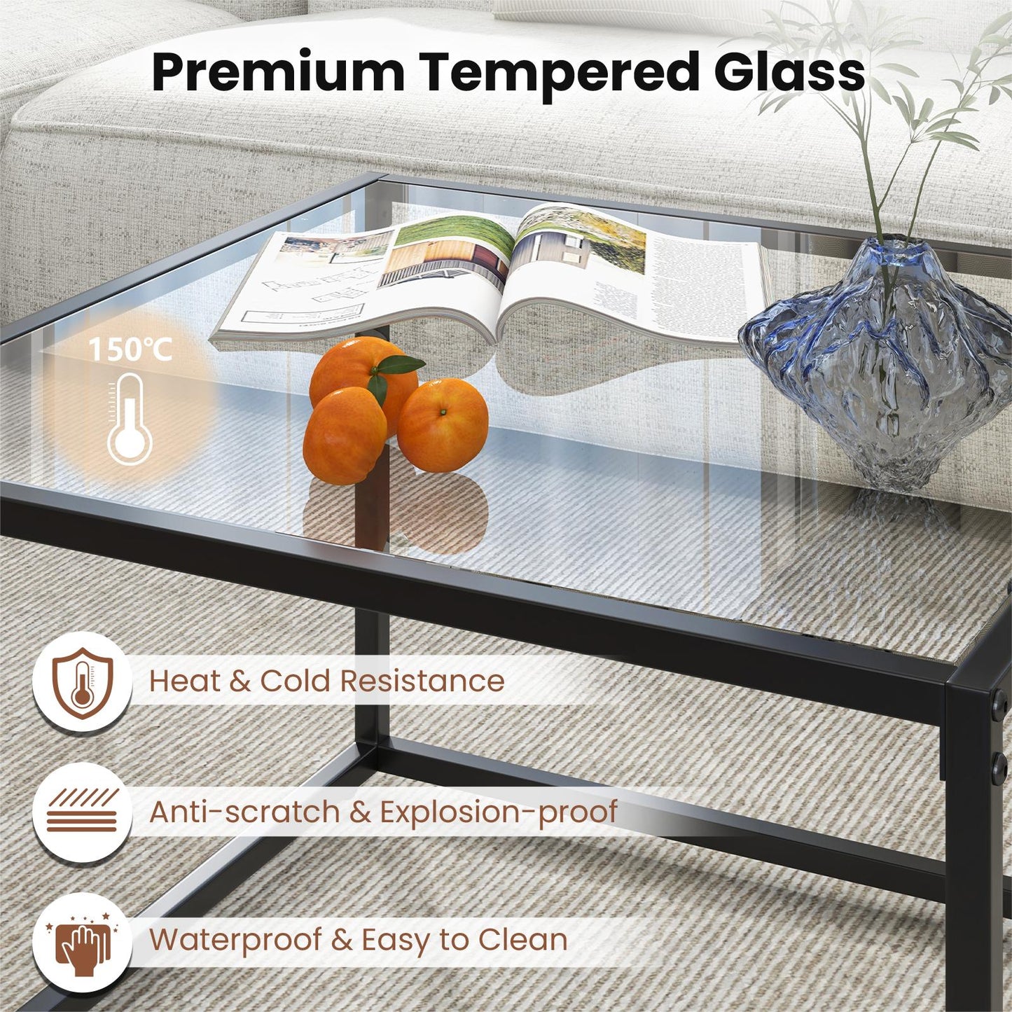 70 CM Modern Square Coffee Table with Metal Frame-Transparent