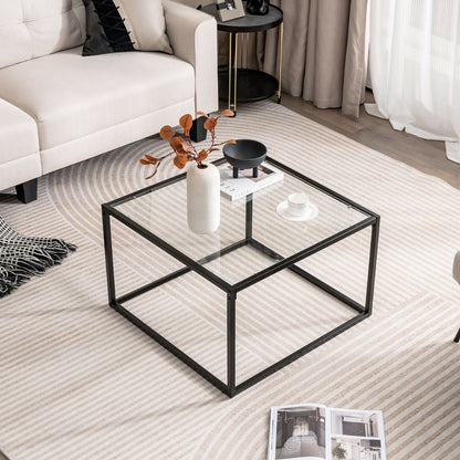 70 CM Modern Square Coffee Table with Metal Frame-Transparent