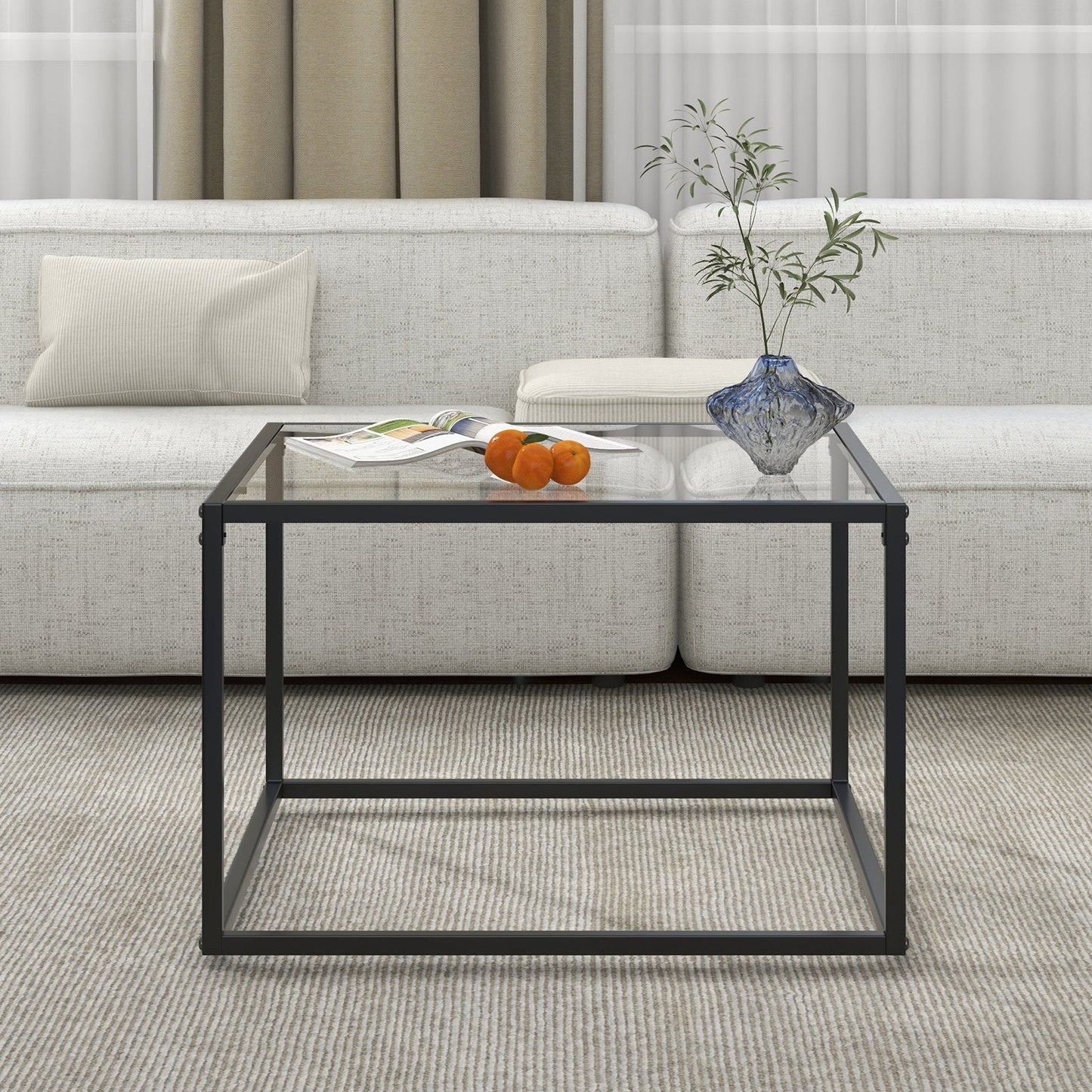 70 CM Modern Square Coffee Table with Metal Frame-Transparent