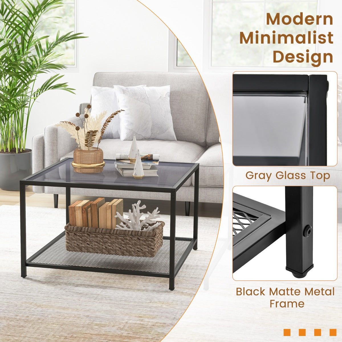 Modern 2-Tier Square Glass Coffee Table with Mesh Shelf-Gray