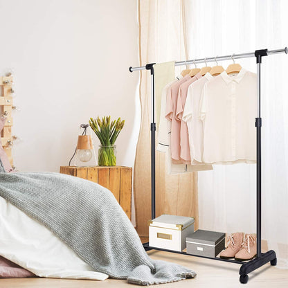 Adjustable Single Rail Garment Rack with Wheels and Bottom Shelf