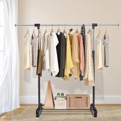 Adjustable Single Rail Garment Rack with Wheels and Bottom Shelf
